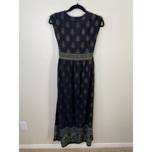 Lapogee Womens Maxi Dress M Bohemian Style Navy Multicolor Paisley Print Rayon